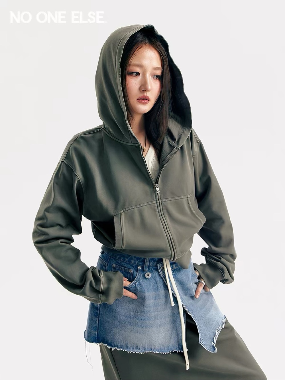 NWT Cropped Olive / Gray Zip Hoodie for Women